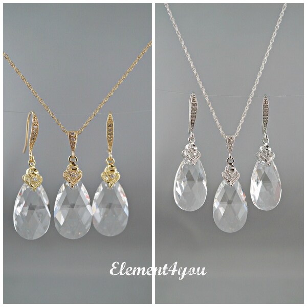 JEWELRY - Bridal Crystal set Swarovski Large Teardrop Crystal Choice of sterling silver or 14k gold filled rose gold fill, Bridesmaid gifts