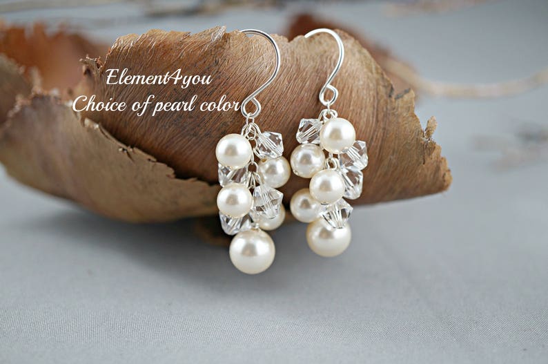 Pearl cluster Bridal Earrings. Crystal Pearl Earrings. Wedding Etsy