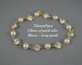 Bridal Jewelry | Bridesmaid Gold Bracelet | Pearls & Cubic Zirconia (CZ) | Ivory, Blue, Green, Brown | Handmade Wedding Party Gift | Silver