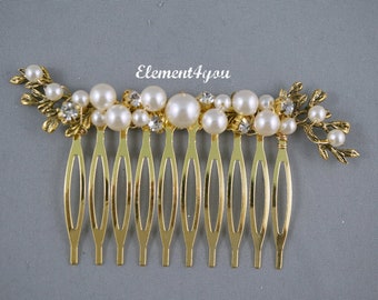 Bridal hair comb, Silver or gold branch, Ivory or white pearls, Wedding hair piece accessories, Bride hairdo with handcrafted hair jewels