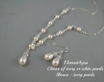 Ensemble collier de perles Swarovski et boucles d'oreilles | Bijoux de mariée en argent sterling