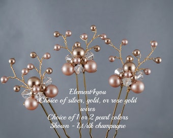 Pearl Hair Pins with Crystals | Swarovski Bridal Wedding Headpiece | Silver & Gold Hair Vines | Ivory Champagne Blend | Set of 3