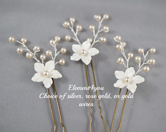 Set of 3 Bridal Flower Hair Pins | Wedding Accessories | White & Silver Flower Picks | Pearl Hair Vines | Bride Chignon Hairstyle Updo Clips