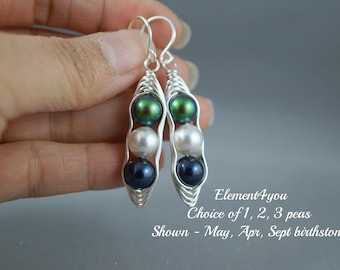 PEA - Pearl earrings Sweet pea in pod Wire wrapped Silver wires Short dangle, One Two Three Four Peas in pod earrings, Bridesmaid earrings.