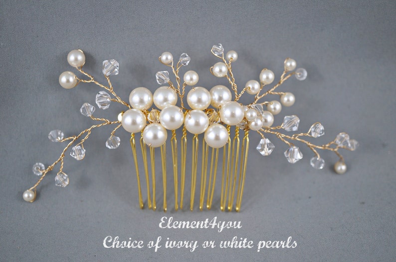 Bridal comb, Ivory pearls hair piece, Wedding hair accessories, White pearls comb, Flower hair vines, Silver or gold wire comb, Gift Bride image 3