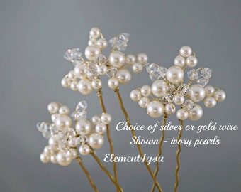 Set of 3 Bridal Hair Pins | Wedding Hair Accessories | Leaf Hair Vines | Ivory, White, Gold, Silver |Pearls & Crystals Formal Prom Headpiece