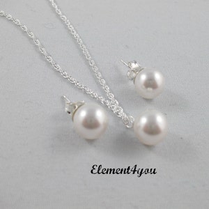 Pearl jewelry set, Post it earrings, Single pearl pendant, Bridesmaid jewelry, Flower girl, Sterling silver chain, Wedding necklace set. image 2