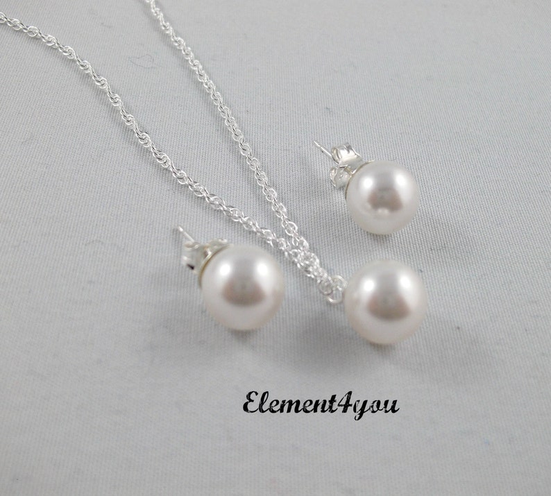 Pearl jewelry set, Post it earrings, Single pearl pendant, Bridesmaid jewelry, Flower girl, Sterling silver chain, Wedding necklace set. image 2