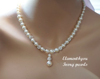 NECKLACE - Bridal Bride Wedding Jewellery Swarovski Pearls Rhinetone Ball Silver Maid of Honor Gift Bridal Ivory White Handmade Custom Color