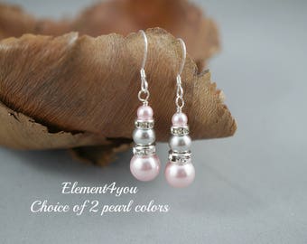 Bridesmaid Wedding earrings, Three pearls drop, Sterling silver, Swarovski white grey ivory pearls, Bridal party thank you gift.