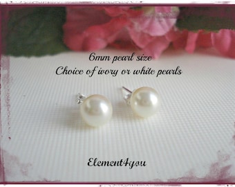 FLOWER GIRL studs, 6mm pearl size, Sterling silver post, ivory cream white pearls, Swarovski pearls, Studs post it earrings, gift for girl