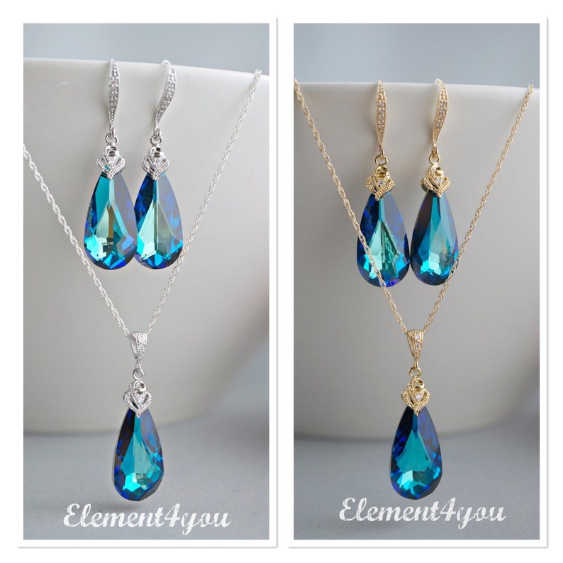 BERMUDA SET Swarovski Blue Crystal Necklace Earrings Dark Teal Something Blue Gold Silver Peacock Jewelry Teardrop Pendant Bridesmaid Gift image 1