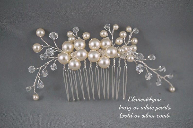 Bridal comb, Ivory pearls hair piece, Wedding hair accessories, White pearls comb, Flower hair vines, Silver or gold wire comb, Gift Bride image 5