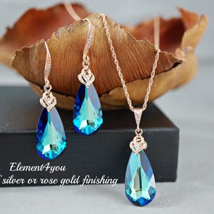 Bermuda Set | Swarovski Blue Crystal Necklace & Earrings | Dark Teal Something Blue | Gold/Silver Peacock Jewelry | Teardrop Pendant Bride