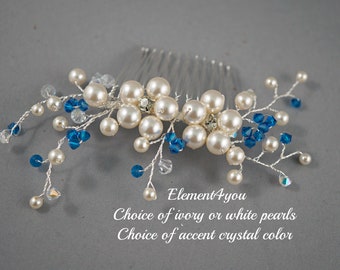 Bridal comb, Blue crystal hair comb, Wedding hair piece, Something blue wedding accessories, Bride hair do, Vines pearls crystal, Pearl comb