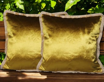 Gelbe Samtkissenbezüge, Set: Senfgelbe Fransen-Akzentkissen