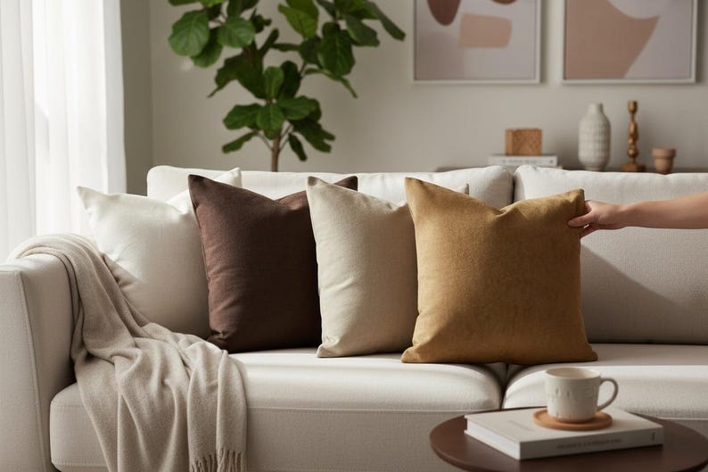 Op de afbeelding: Een verzameling sierkussens in wit, bruin en beige op een witte bank. Een neutrale deken is over de arm van de bank gedrapeerd. Een hand past een van de kussens aan. Een koffietafel met een mok.