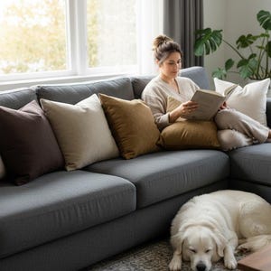 Op de afbeelding: Een grijze hoekbank met verschillende kussens in cr&egrave;me, bruin en goudtinten. Een persoon leest een boek op de bank. Een witte hond ligt op de vloer voor de bank. Een mok staat op een kleine tafel.