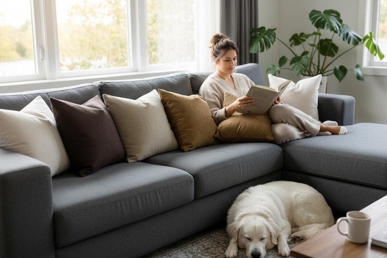 Op de afbeelding: Een grijze hoekbank met verschillende kussens in cr&egrave;me, bruin en goudtinten. Een persoon leest een boek op de bank. Een witte hond ligt op de vloer voor de bank. Een mok staat op een kleine tafel.