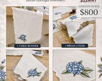 Juego de 14 piezas de decoración para el comedor: camino de mesa, manteles individuales y servilletas de lino bordados con hortensias.