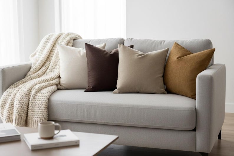 Op de afbeelding: Een lichtgrijze bank met vier decoratieve sierkussens in cr&egrave;me, bruin, beige en mosterdgeel. Een cr&egrave;mekleurige gebreide deken is over de arm gedrapeerd. Een salontafel met een boek en een mok staat voor de bank.