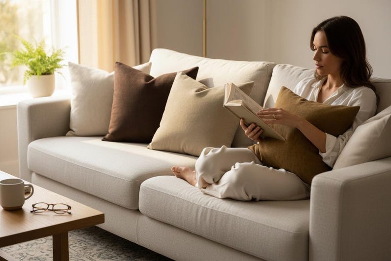 Op de afbeelding: Een cr&egrave;mekleurige bank met verschillende sierkussens in bruin- en beigetinten. Een persoon leest een boek op de bank. Een houten salontafel met een mok en een bril staat voor de bank.