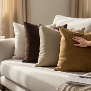 Op de afbeelding: Een verzameling decoratieve sierkussens in verschillende bruin- en beigetinten, gerangschikt op een lichtgekleurde bank. De kussens omvatten wit, donkerbruin, beige en mosterdgeel. Een hand rust op het mosterdgele kussen.