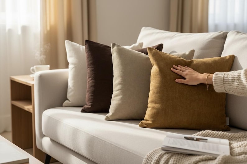 Op de afbeelding: Een verzameling decoratieve sierkussens in verschillende bruin- en beigetinten, gerangschikt op een lichtgekleurde bank. De kussens omvatten wit, donkerbruin, beige en mosterdgeel. Een hand rust op het mosterdgele kussen.