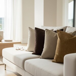 Op de afbeelding: Een moderne woonkamer met een witte bank, versierd met vijf decoratieve kussens in verschillende bruin- en beigetinten. Een bril ligt op de bank. Een houten salontafel en een vaas met takken zijn ook zichtbaar.