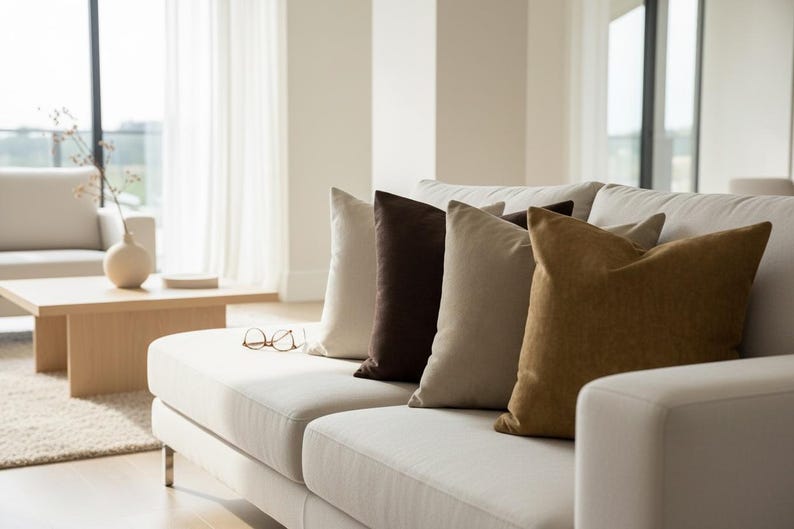 Op de afbeelding: Een moderne woonkamer met een witte bank, versierd met vijf decoratieve kussens in verschillende bruin- en beigetinten. Een bril ligt op de bank. Een houten salontafel en een vaas met takken zijn ook zichtbaar.