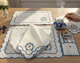 Love Birds Gesticktes Tischwäsche-Set - 18-teiliges Speiseservice für 6