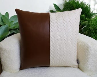Luxus Leder Dekokissenbezug - Gepolstert, Ohne Reißverschluss, Braun & Weiß, 18x18
