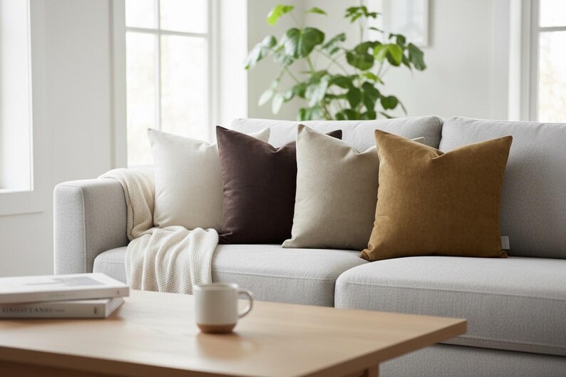 Op de afbeelding: Een lichtgrijze bank met vier decoratieve kussens in cr&egrave;me, bruin, beige en goud. Een cr&egrave;mekleurige deken is over de bank gedrapeerd. Een houten salontafel bevat een mok en boeken. Een kamerplant is zichtbaar op de achtergrond.