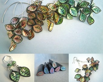 Tutorial - Blended Leaf Earrings, polymer clay class, leaf cane, rainbow blend, leaf cluster jewelry, loop earrings, millefiori, diy pdf