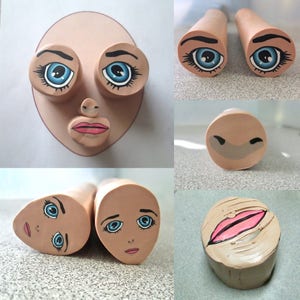 May include: A step-by-step guide to making a polymer clay doll face. The image shows different stages of the process, including creating the eyes, nose, mouth, and face shape.