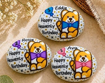 Personalised Memorial Pebble: 'Happy Heavenly Birthday' Hand-Painted Teddy Bear Grave Pebble Or Keepsake