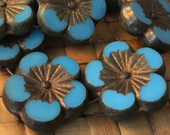 21mm Czech Glass Medium Sky Blue with Gold Wash and Metallic Picasso Finish Hibiscus Flower Beads, Pressed Glass (2-10 beads)