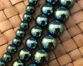 SALE: Opaque Iris Green Glass Beads, 5-6mm or 7-8mm or 10mm, 15-inch Strand, Mirror Finish - 10% Off