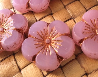 21 mm Czech Glass Dusty Rose with Copper Wash Hibiscus Flower Beads, Pressed Glass (2-10 beads)