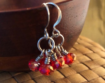 Petite Red Crystal Cluster Earrings, Silver Plated