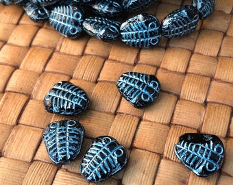 10x11mm Czech Glass Trilobite Beads - Black with an Electric Blue Wash  (12-24-36 beads, choose qty at checkout), Pressed Glass Bead