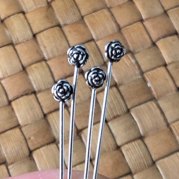 Flower Headpins Sterling Silver, Rose, 2 3/8 inches, 20 ga