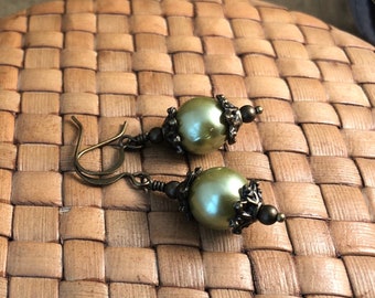 Antique Gold Earrings with Spring Green Glass Pearls on Hook Earwires