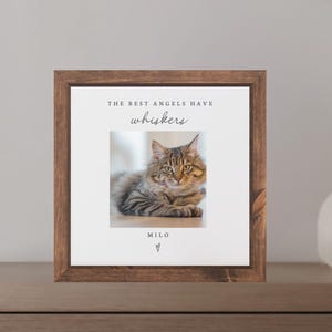 May include: Square wooden picture frame with a photo of a tabby cat. The frame has the text "THE BEST ANGELS HAVE whiskers" and the name "MILO" below the photo. A small heart is also included.