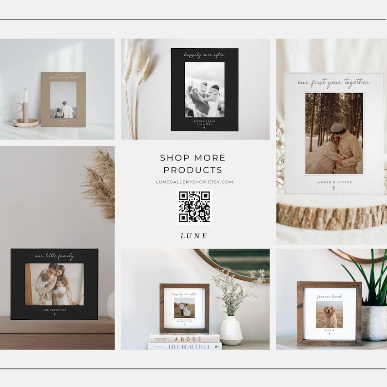 Puede incluir: Una colecci&oacute;n de fotos enmarcadas con varios dise&ntilde;os. Algunos marcos son negros o marrones, otros son beige. Las fotos presentan parejas, familias y mascotas. El texto incluye "happily ever after", "our little family" y "our first year together."