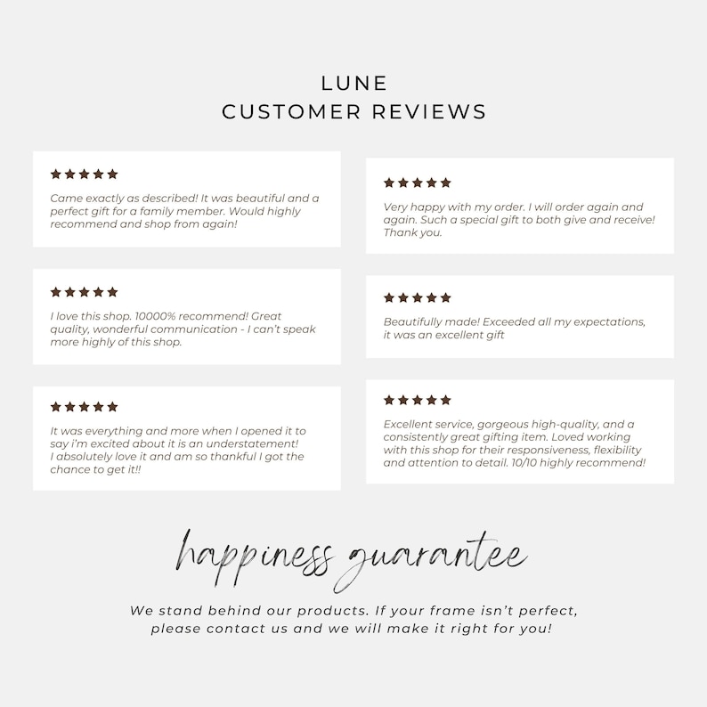 Puede incluir: Un fondo blanco con rese&ntilde;as de clientes y el logotipo de Lune. Las rese&ntilde;as est&aacute;n en texto negro e incluyen frases como "hermoso" y "excelente regalo". Tambi&eacute;n est&aacute; presente la frase "garant&iacute;a de felicidad".