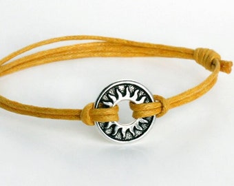 Sun Ring Bracelet: Silver Plated Charm, Waxed Cord