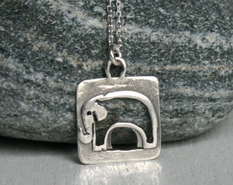 Sterling Silver Elephant Necklace, Rectangular Hollow Elephant Necklace