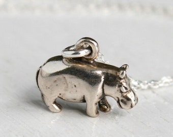 Sterling Silver Hippo Necklace, Wild Animal Necklace