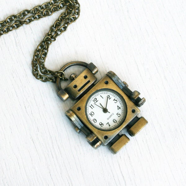 Robot Pocket Watch Necklace, Clock Necklace